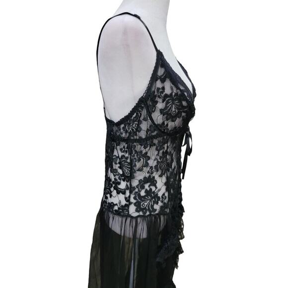 Women's Gorgeous Sheer Black‎ Lace Underwire Corset Teddy with Ruffle Train - Picture 8 of 11